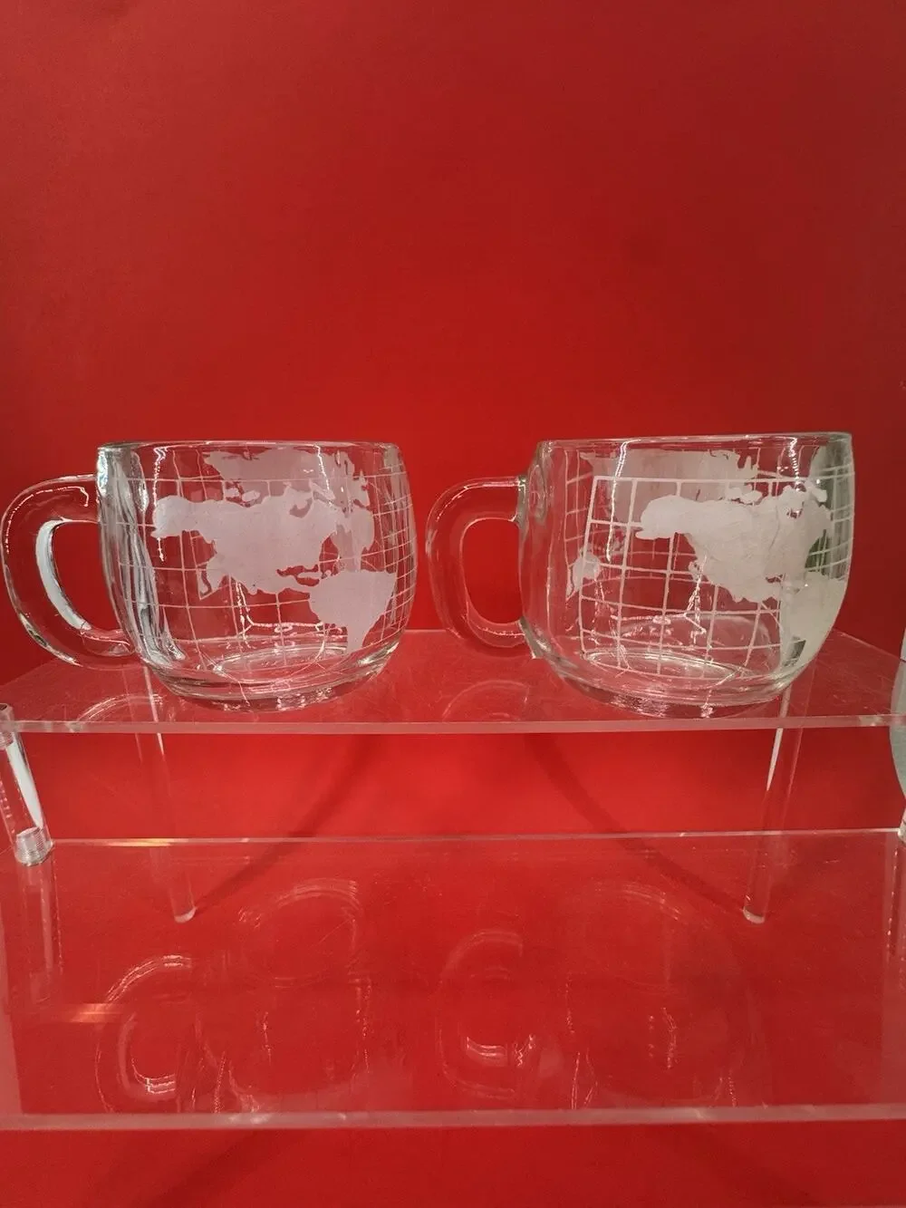Vintage Set 2 Nestlé Etched Clear Glass Globe World Coffee 70s Mug Cups Retro